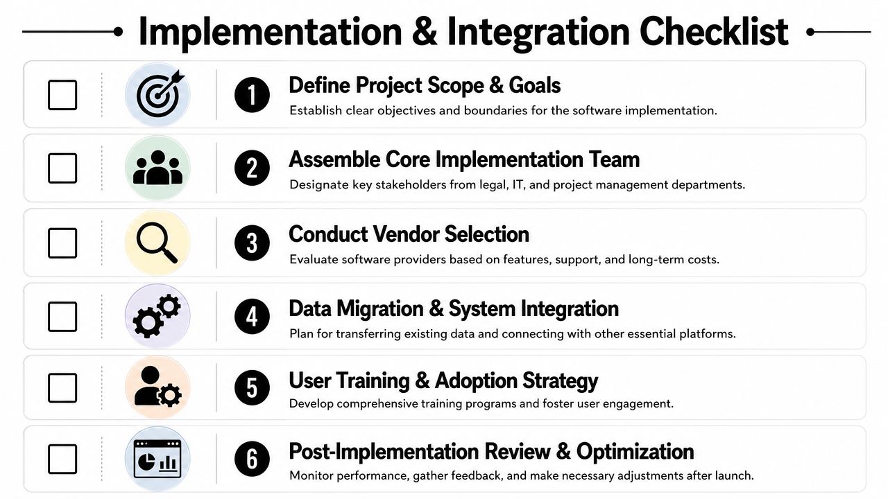 A six-step checklist for software implementation and integration, guiding organizations through project planning and system deployment.