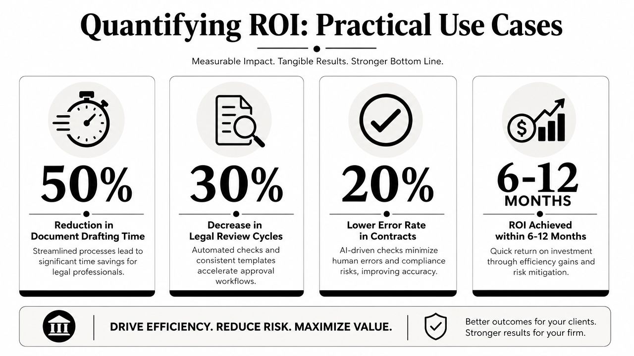 An infographic highlighting the benefits of legal document drafting software including efficiency, risk reduction, and ROI metrics.
