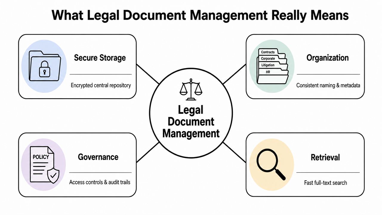 A diagram outlining the four core pillars of legal document management: storage, organization, governance, and retrieval.