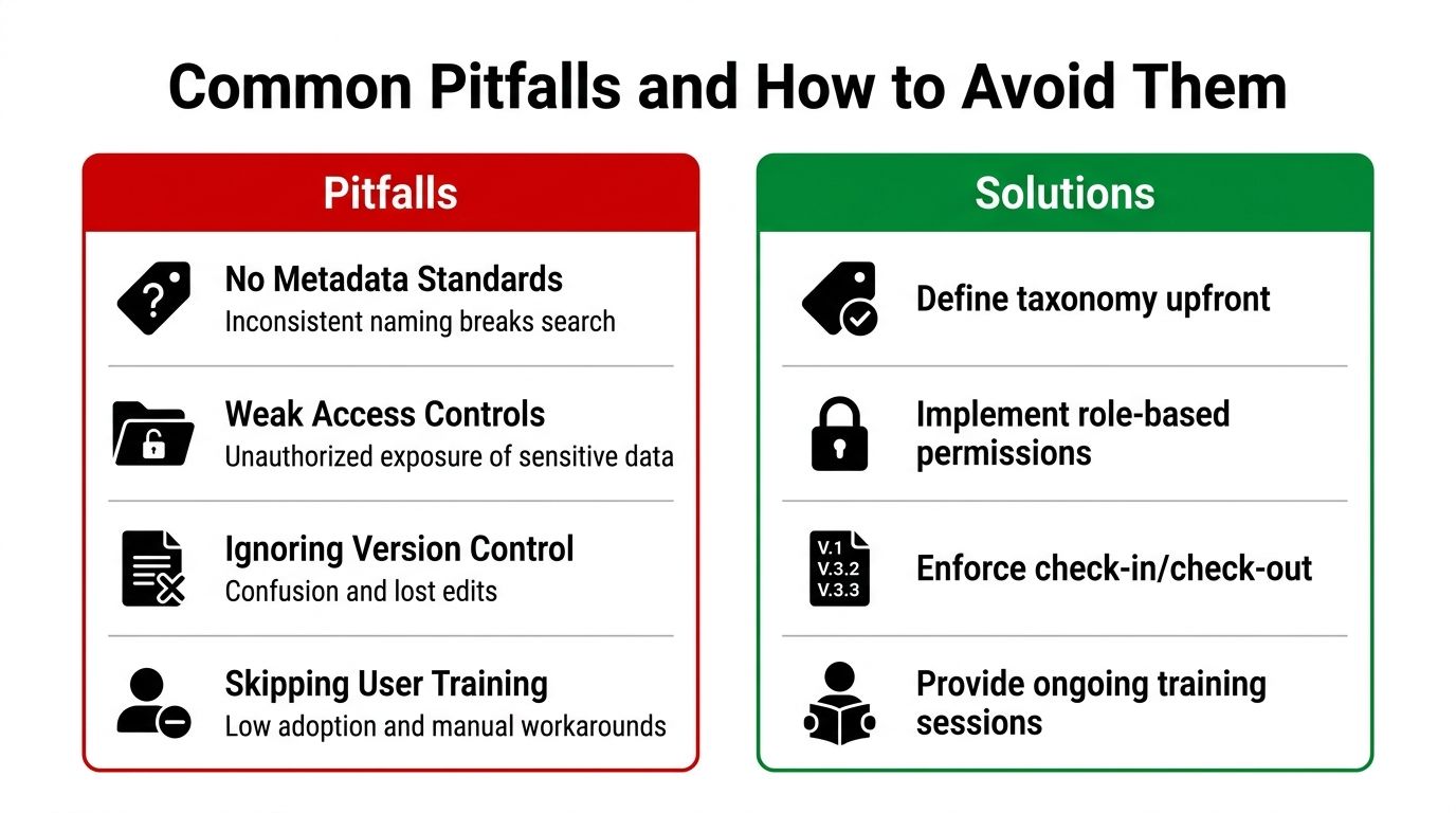 A chart showing common document management pitfalls like inconsistent metadata and weak access controls with their solutions.