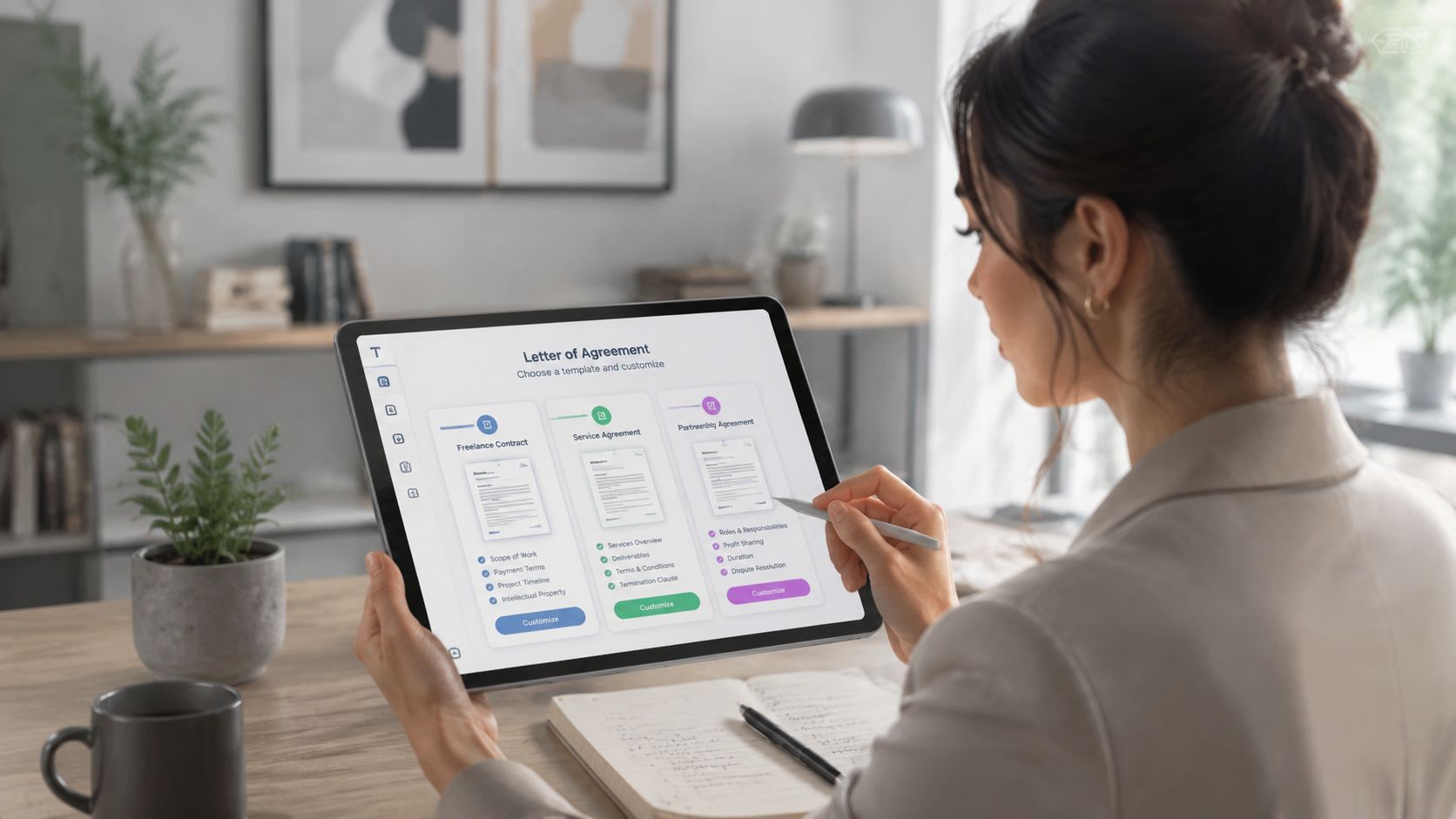 A woman reviewing a letter of agreement template on her digital tablet in a bright office.