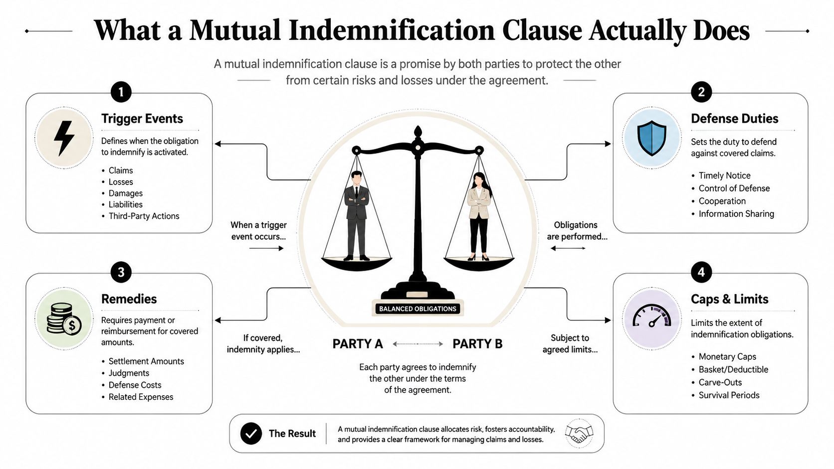An infographic explaining the components and functions of a mutual indemnification clause in legal contracts.