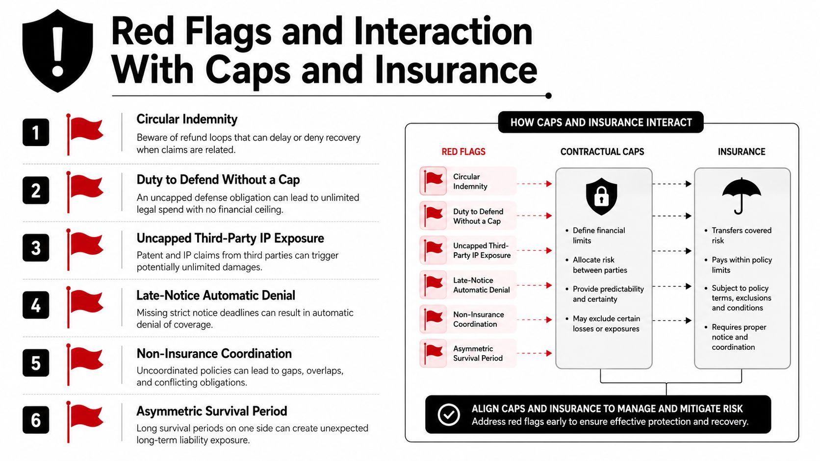 A diagram outlining six red flags for contractual indemnification, caps, and their interaction with insurance policies.