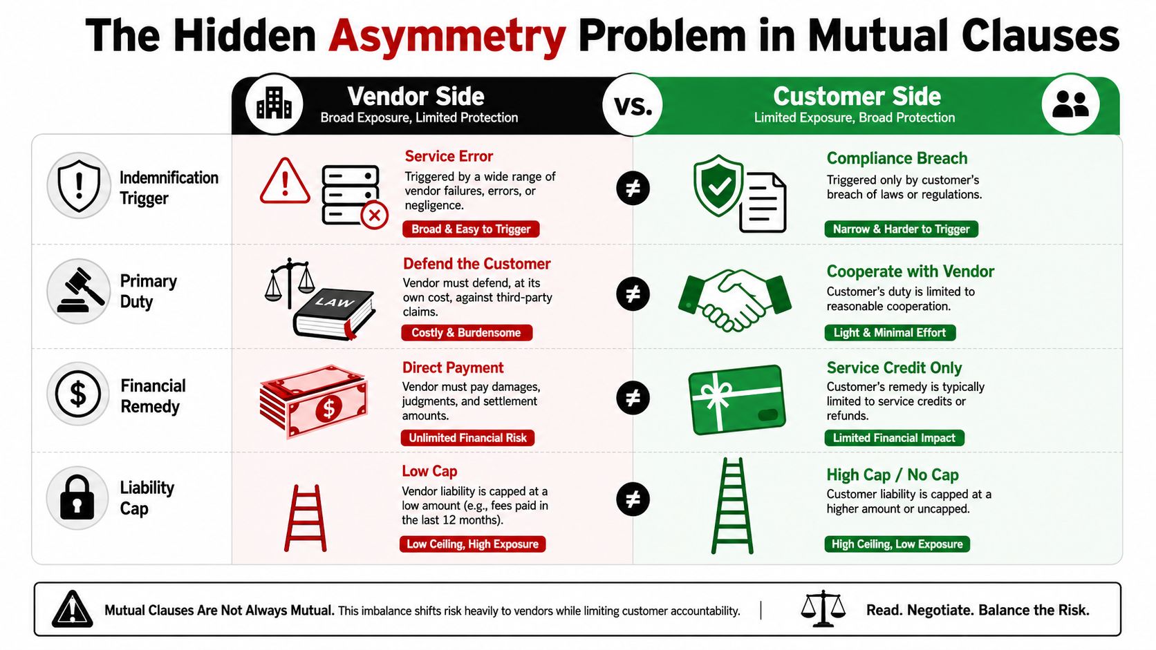 A comparison chart showing how mutual indemnification clauses create an asymmetry in risk between vendors and customers.