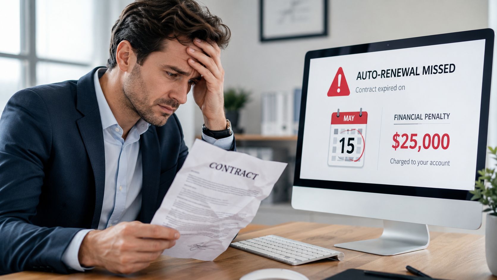 A distressed businessman reading a crumpled contract while a computer screen displays a financial penalty notice.