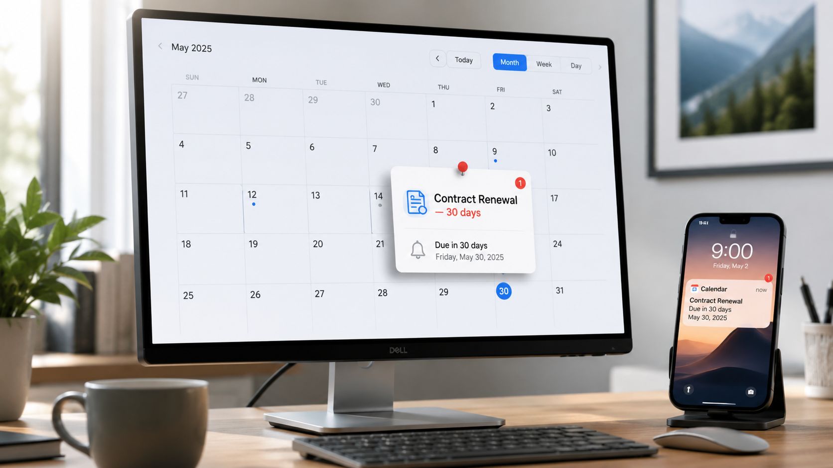 A computer screen showing a calendar with a contract renewal reminder next to a smartphone notification.