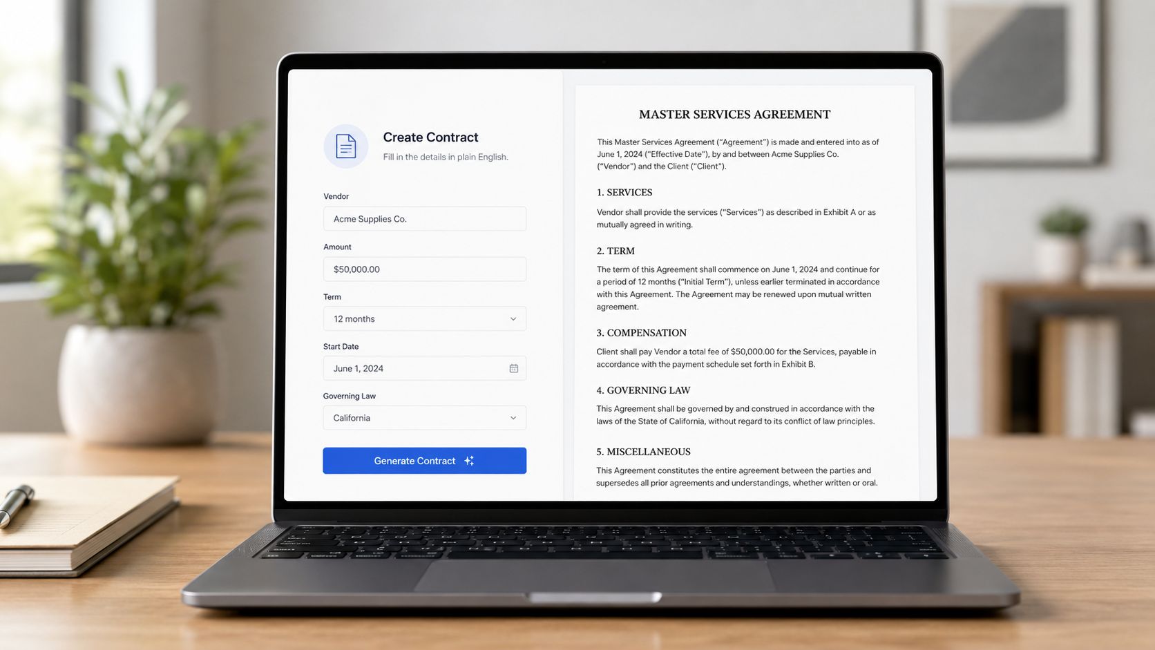 A laptop screen showing a web interface for generating a Master Services Agreement contract template.