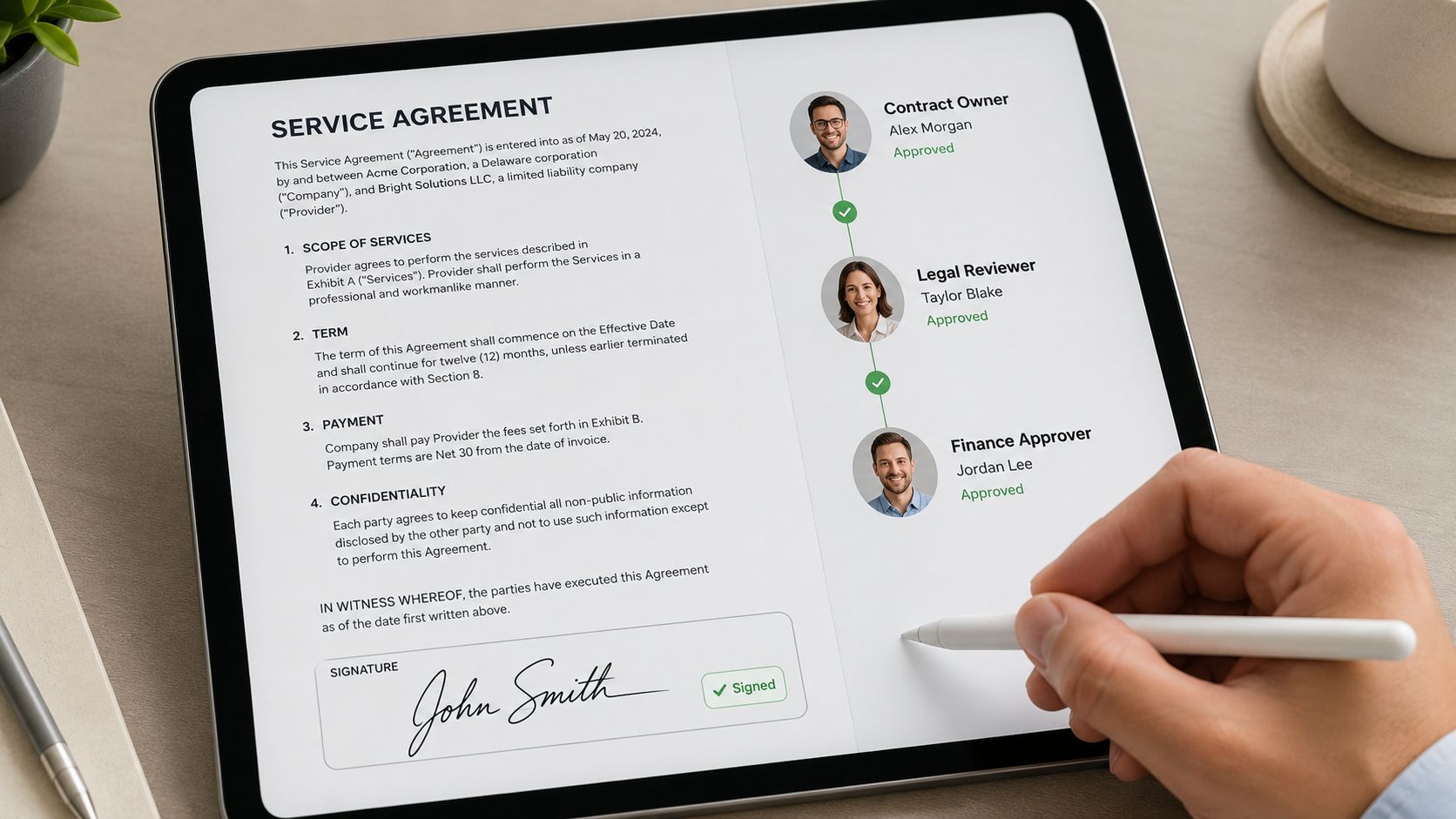 A digital service agreement on a tablet being signed with a stylus by a person's hand.