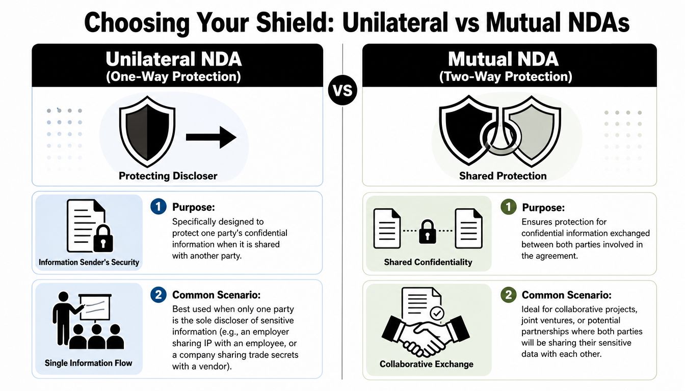 An infographic comparing unilateral and mutual non-disclosure agreements, detailing their purposes and common use case scenarios.