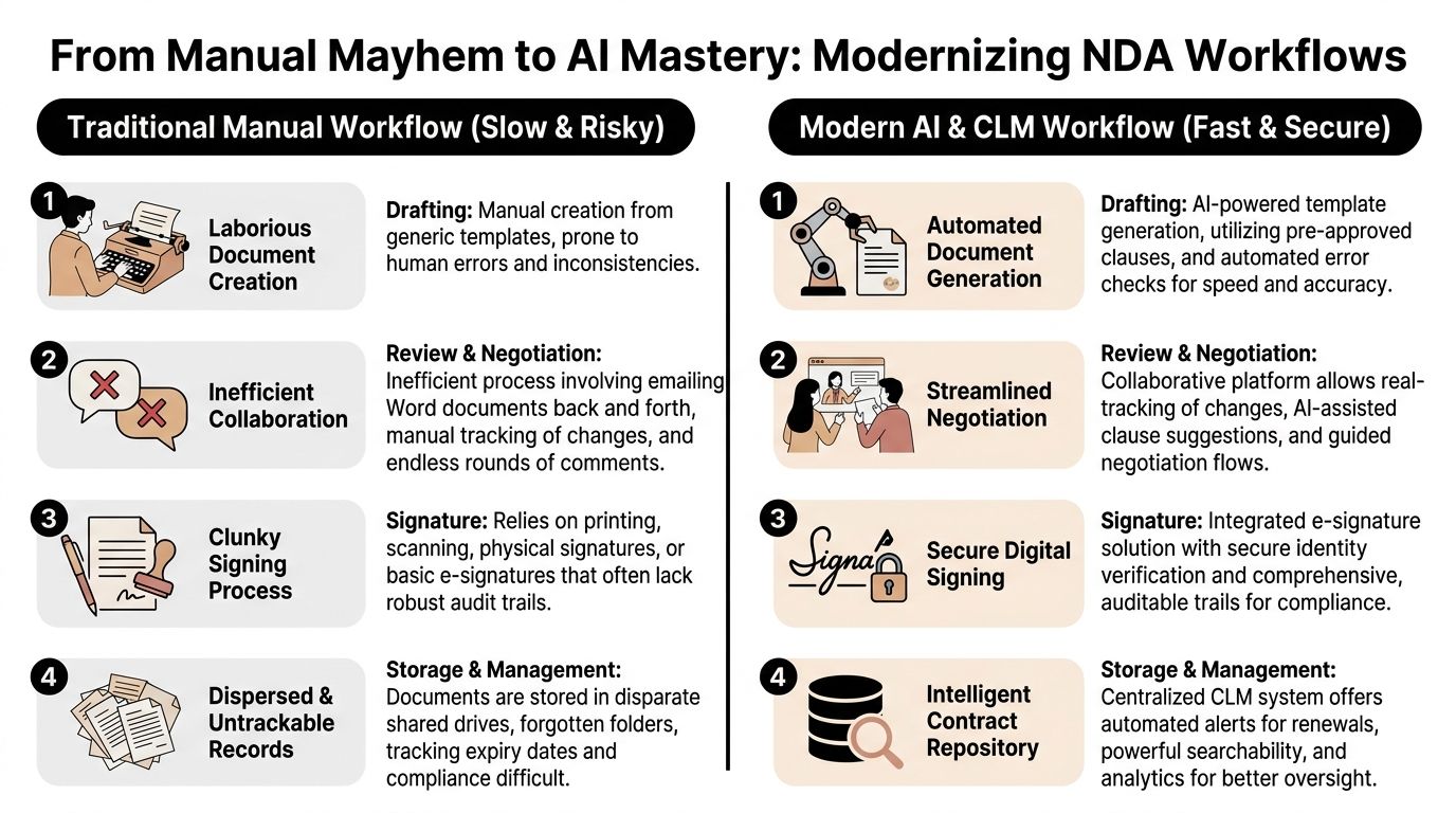 A comparison chart contrasting traditional manual NDA document workflows with modern AI-driven contract lifecycle management processes.