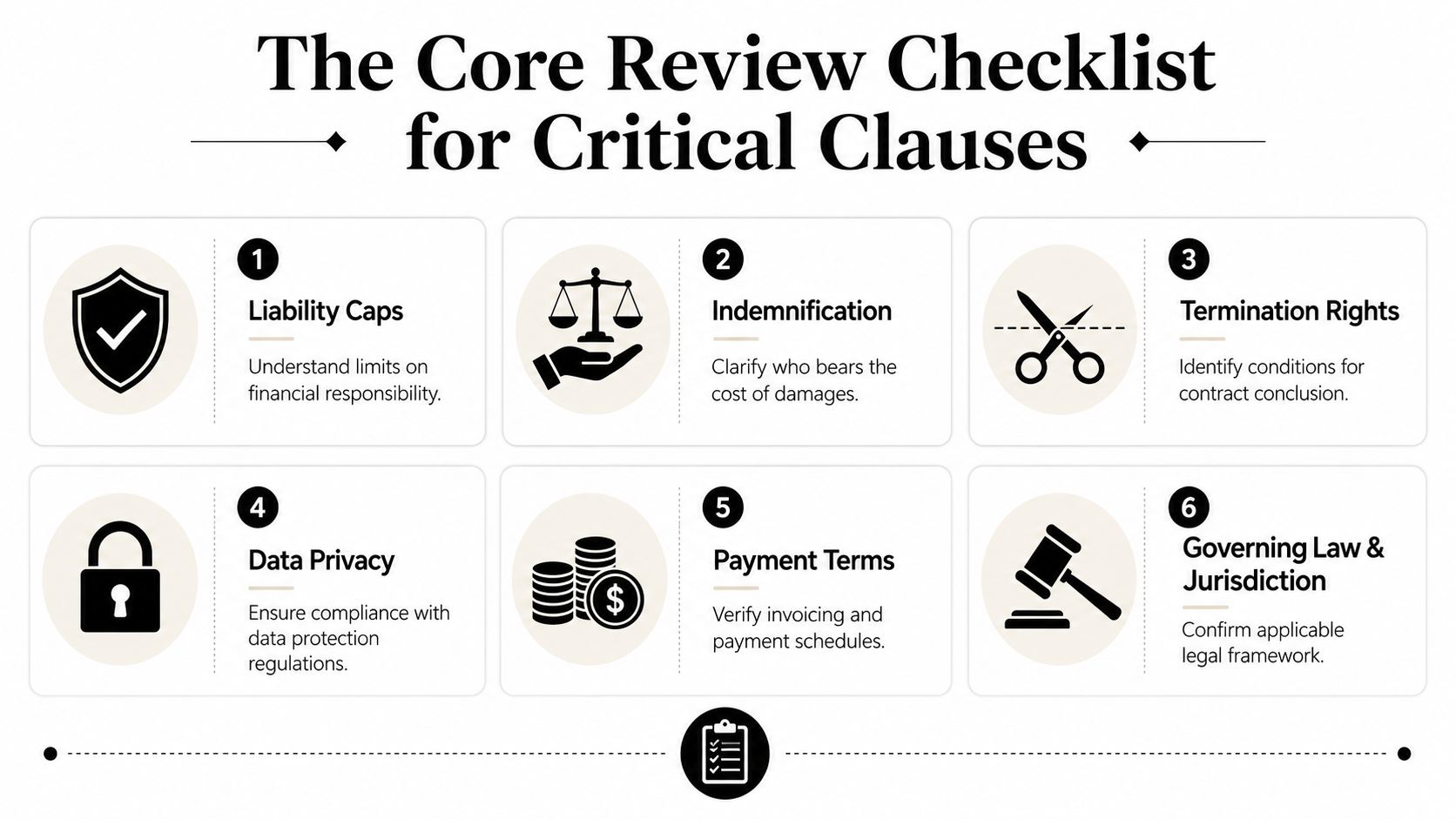A checklist for legal professionals outlining six critical clauses to review in third-party business contracts.