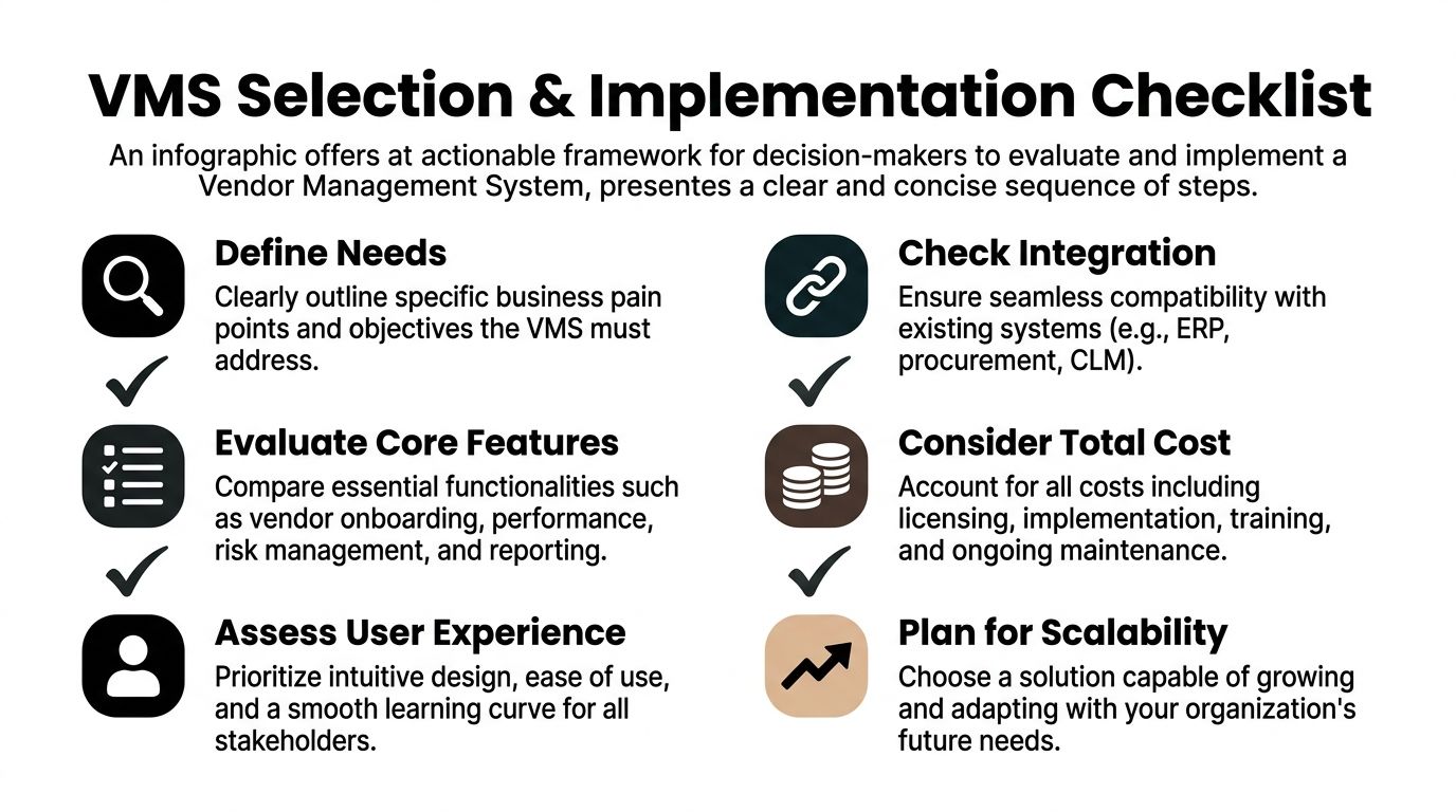 A checklist infographic outlining essential steps for selecting and implementing a vendor management system for businesses.