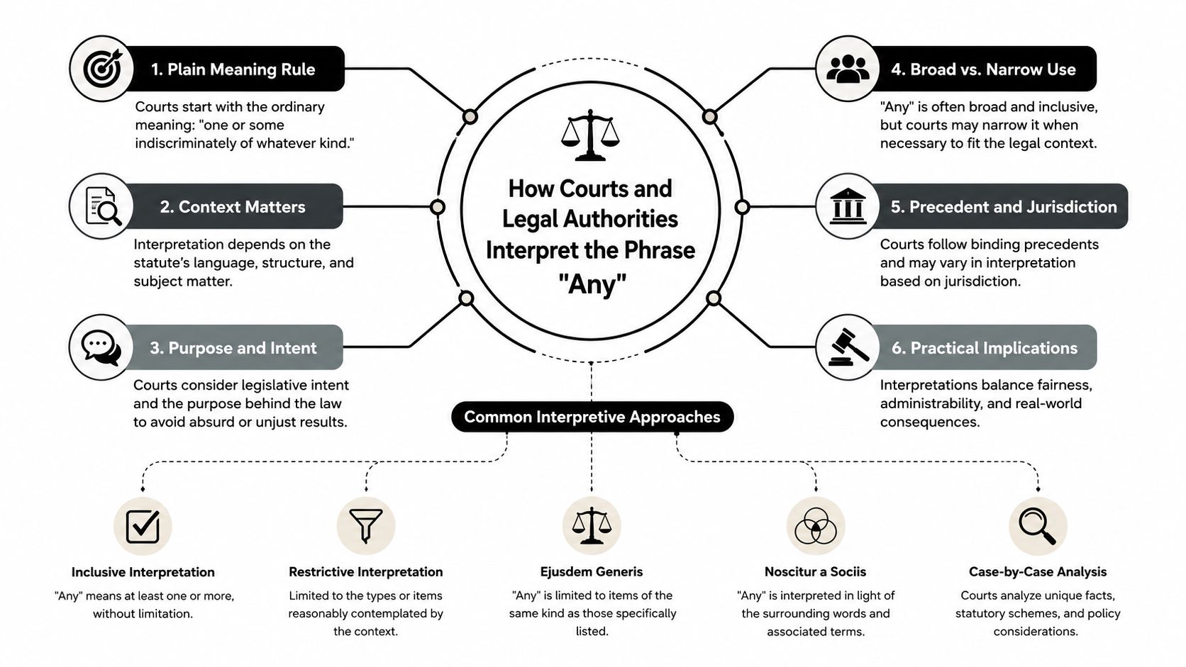 A diagram explaining how courts and legal authorities interpret the word any in legal documents.
