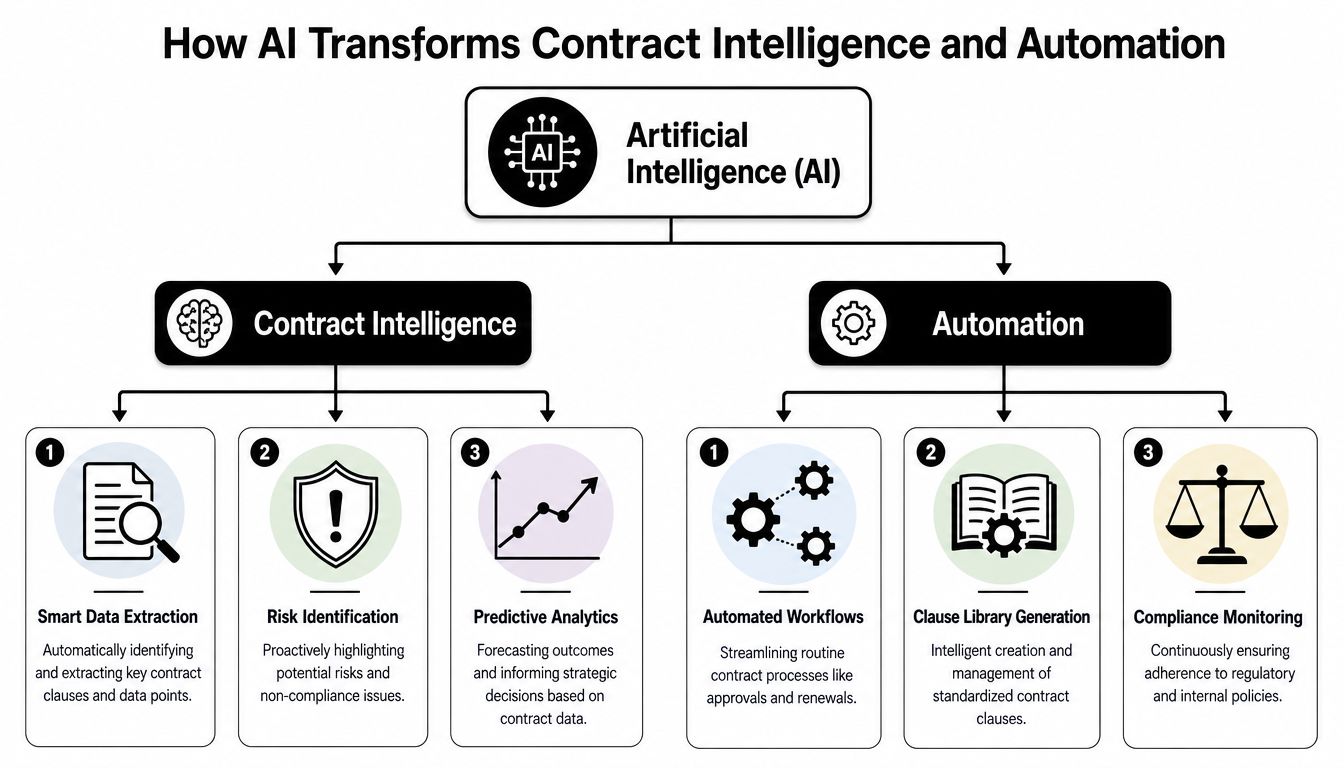 A diagram illustrating how artificial intelligence improves contract intelligence and automation through six key processes.