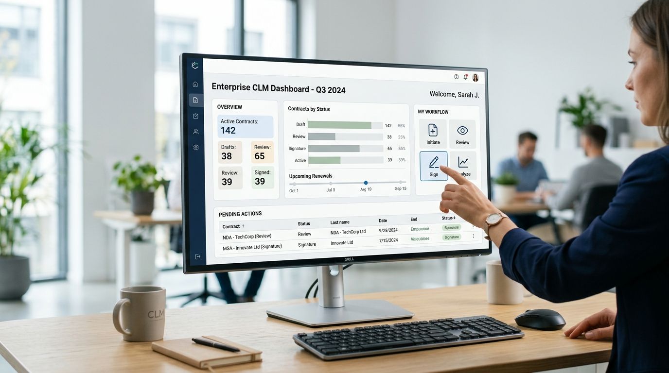 A professional woman interacting with an Enterprise Contract Lifecycle Management dashboard on a computer monitor in an office.