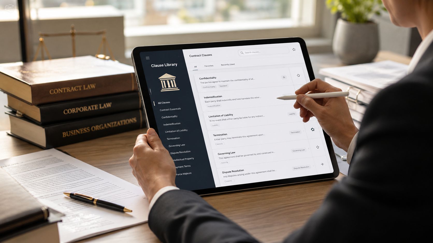 A professional lawyer using a tablet to review legal clauses in a digital library workspace.