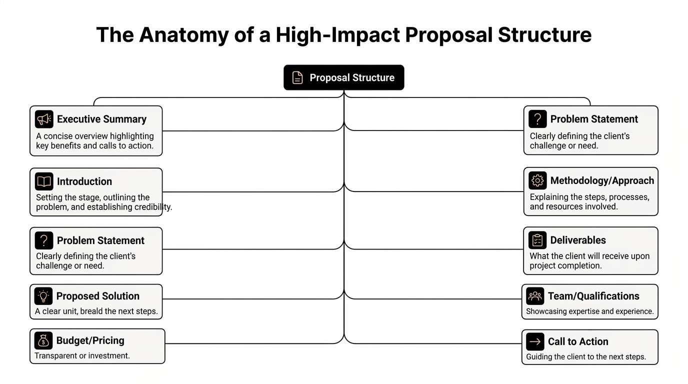 A diagram outlining the structure of a high-impact business proposal with eight key sections for clarity.