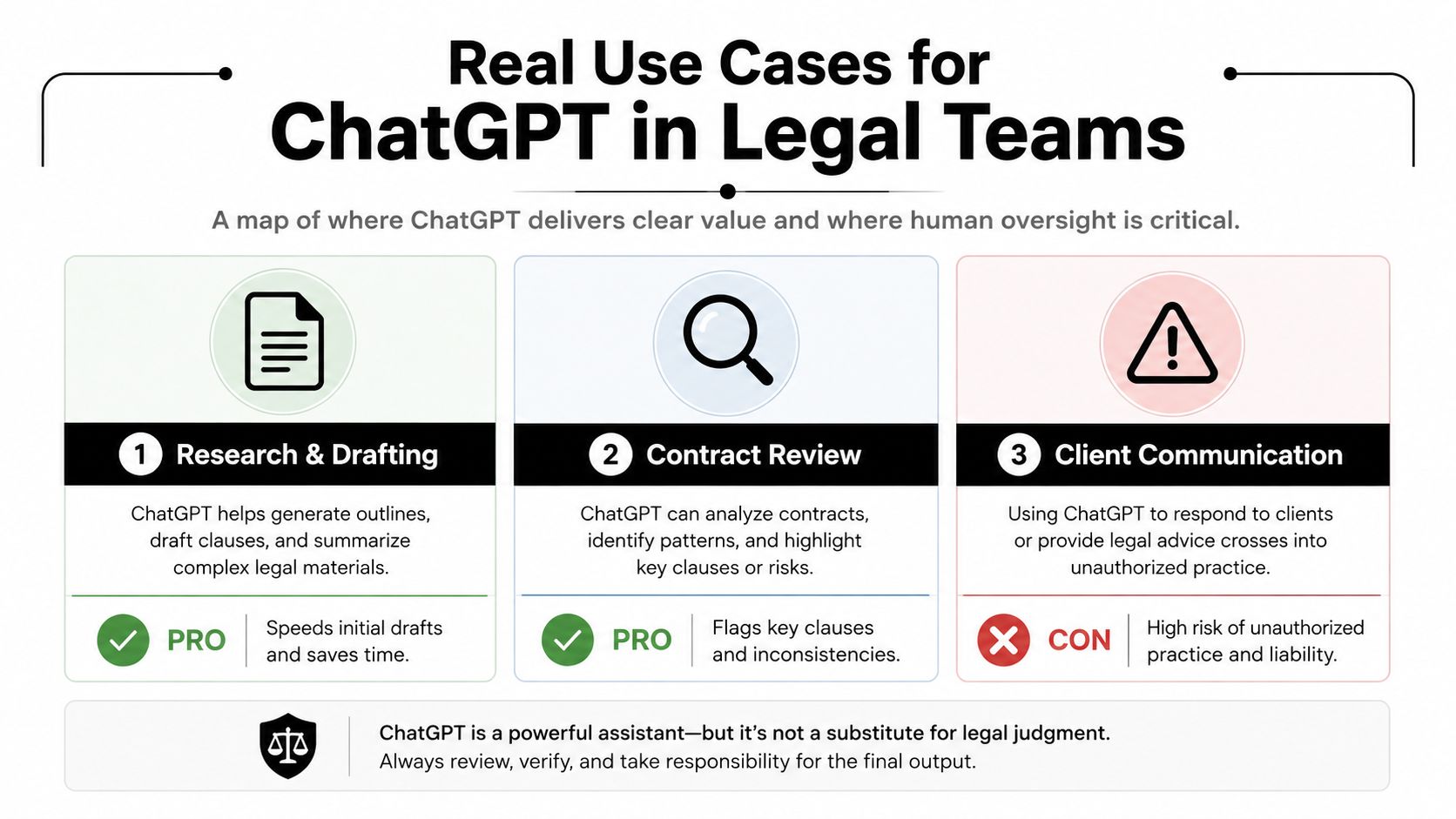 A visual guide outlining three key use cases for ChatGPT in legal teams, including research, contract review, and communication.