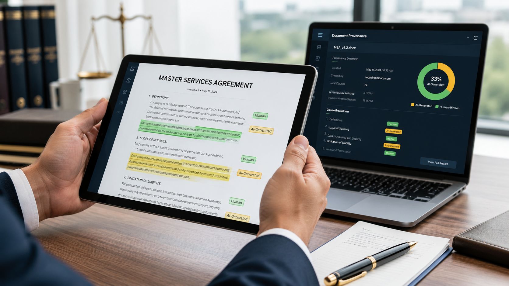 A professional analyzing a Master Services Agreement on a tablet with AI provenance software on a laptop.