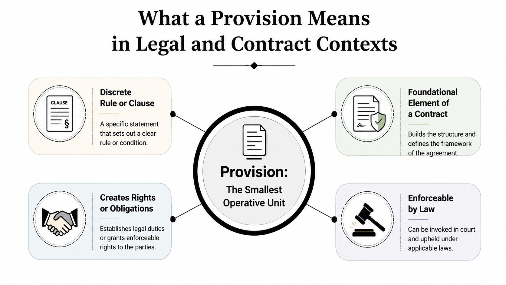 An infographic titled What a Provision Means in Legal and Contract Contexts defining it as the smallest operative unit.