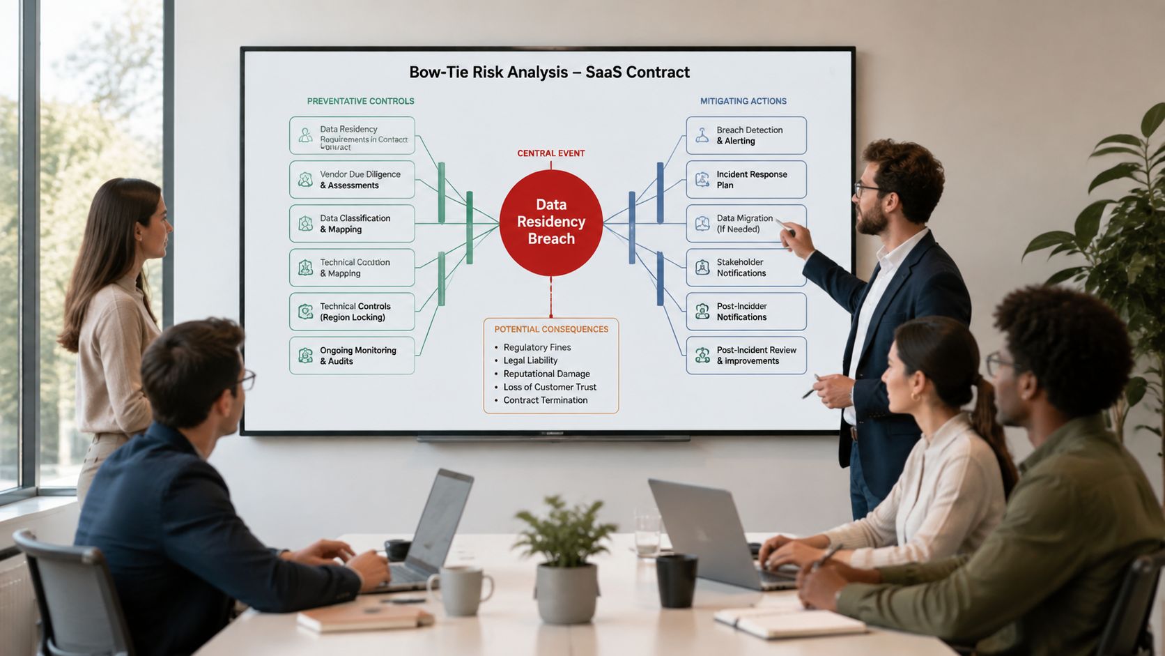 A professional team in a conference room reviewing a digital bow-tie risk analysis chart for SaaS contracts.