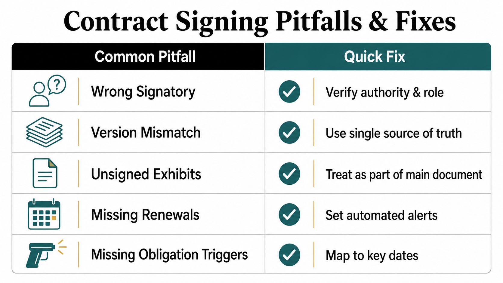 A chart illustrating five common contract signing pitfalls and their corresponding quick fix solutions for businesses.