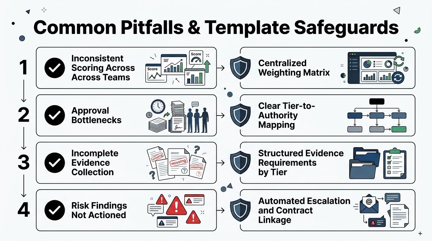 A chart showing common vendor risk assessment pitfalls paired with corresponding template safeguards and process solutions.