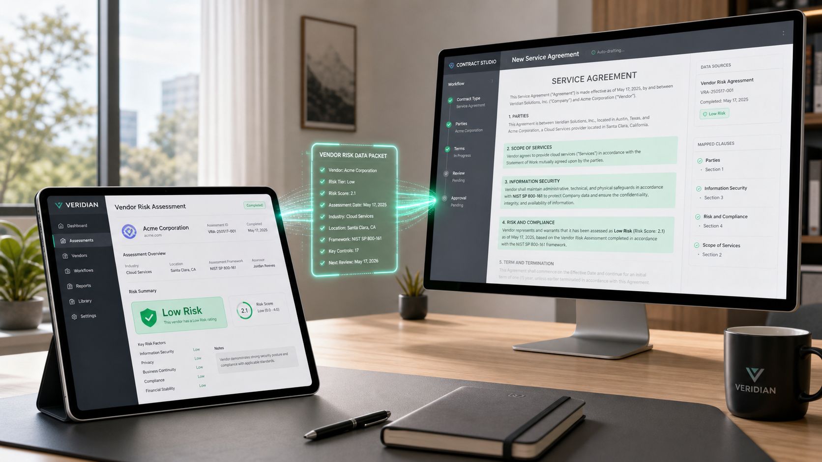 A digital workspace featuring a tablet and monitor displaying vendor risk assessment software and contract data.