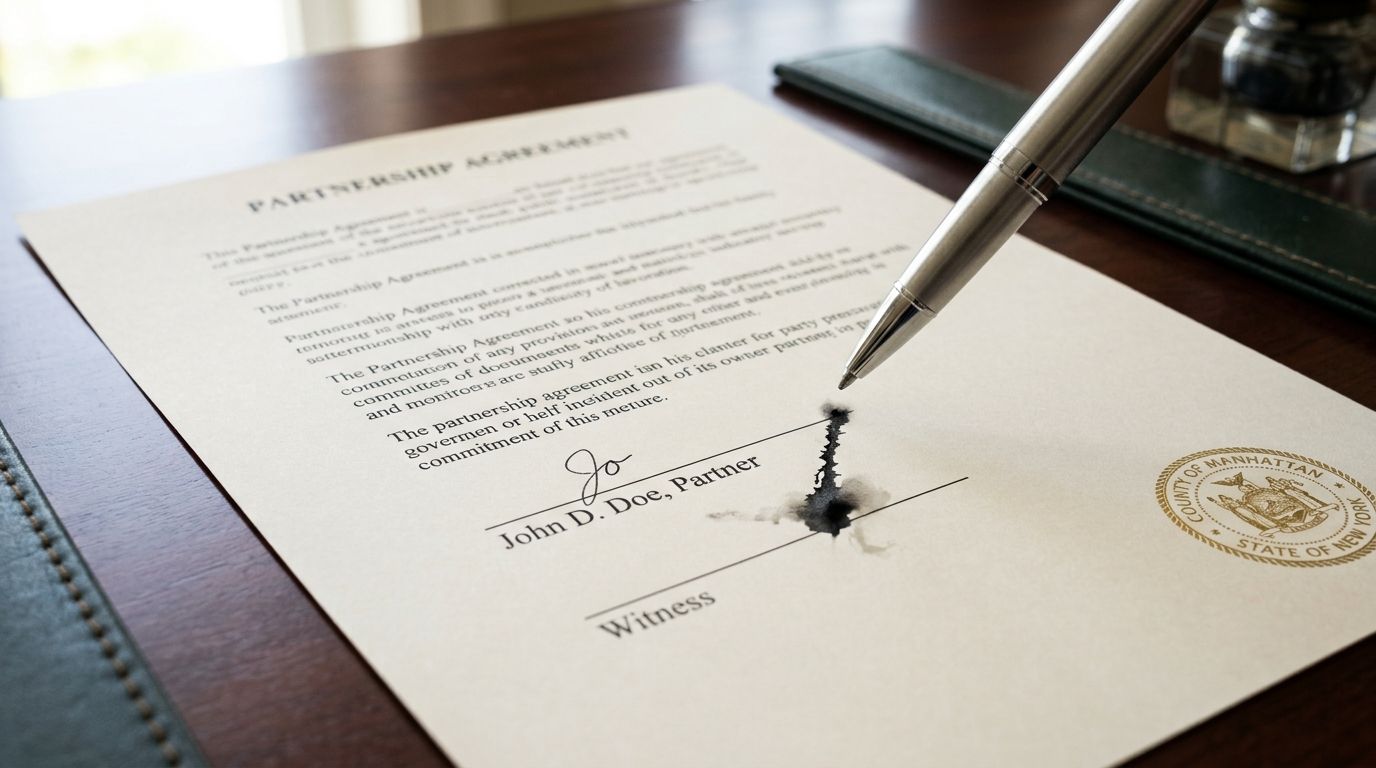 A silver pen poised to sign a partnership agreement document with an ink blot on the signature line.